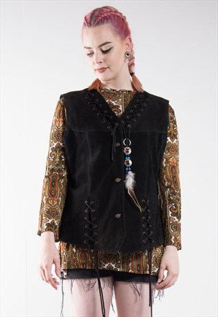 VINTAGE BLACK SUEDE HIPPIE WAISTCOAT VEST