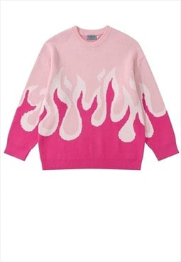 Flame sweater knitted grunge jumper raver top in neon pink 