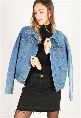 VINTAGE 80S WRANGLER PATCHED DENIM JACKET