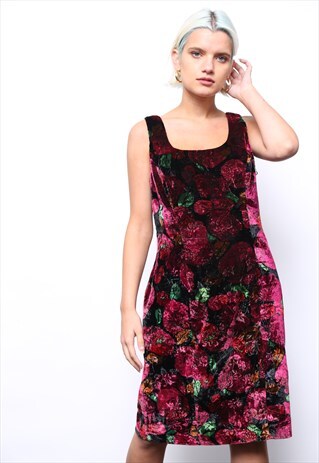 VINTAGE 90S RED FLORAL VELVET PARTY DRESS