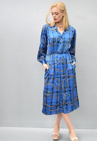 80'S RETRO BOHO ABSTRACT PRINT SHIMMER ELEGANT MIDI DRESS