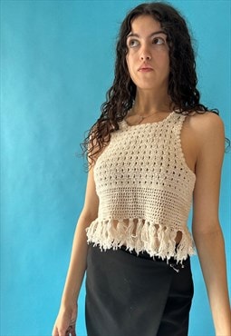 Vintage Y2K Size S Crochet Crop Top in Ecru.