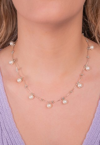 VINTAGE SILVER TONE CHAIN WITH FAUX PEARLS