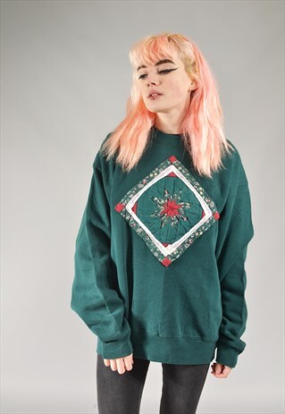 VINTAGE GREEN TEXTURED FLORAL SWEATER