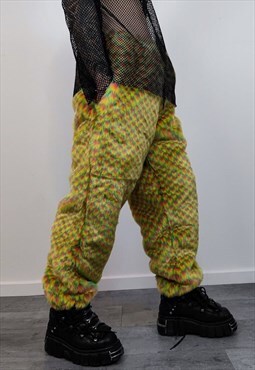 Check faux fur joggers geometric rave pants fluffy trousers