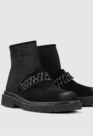 SMALL PLATFORM METAL CHAIN BOOTS BLACK HIGH ANKLE SHOES