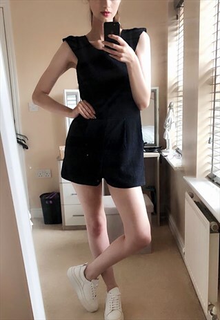 Frill Sleeve Playsuit with Low Back in Black