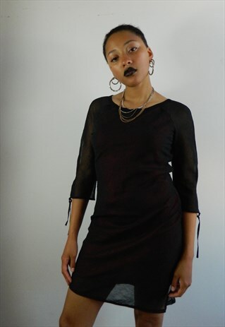 BLACK SHEER DRESS WITH RED SLIP