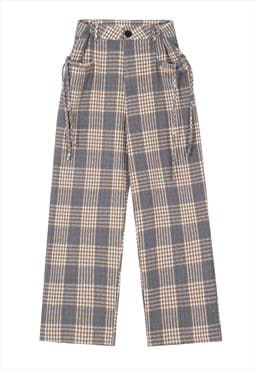 Checked trousers plaid joggers preppy skater pants in grey