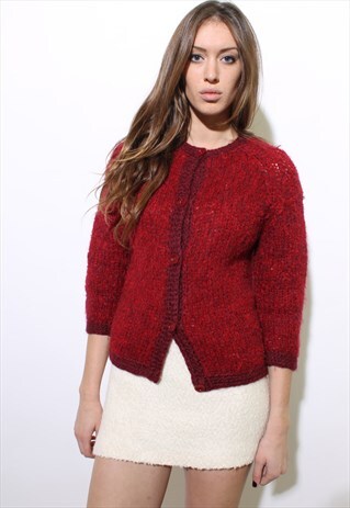VINTAGE 1950'S 50'S CASSIS RED WOOL CARDIGAN SWEATER S-M