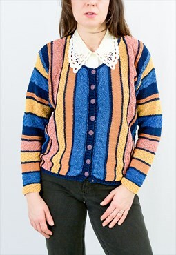 Vintage 90s striped cardigan multi colour sweater women L/XL