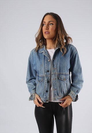 VINTAGE DENIM JACKET BLUE TIGERS UK 8 XS (JO1W)