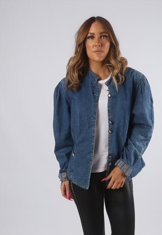 VINTAGE FITTED DENIM JACKET BLAZER FLORAL PRINT UK 14 (HH4O)