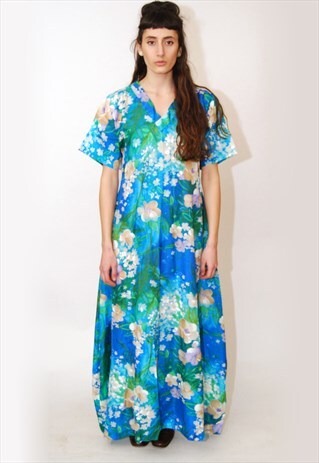 VINTAGE TROPICAL GOWN 50S HAWAIIAN DRESS LOOSE FLOWY BALL 60