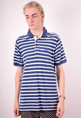 ADIDAS MENS VINTAGE POLO SHIRT MEDIUM BLUE STRIPES 90S