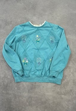 Vintage Sweatshirt Embroidered Flowers Patterned Jumper
