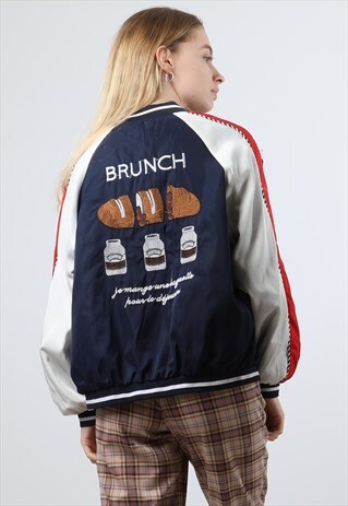 VINTAGE MEDIUM NAVY SATIN VARSITY JACKET