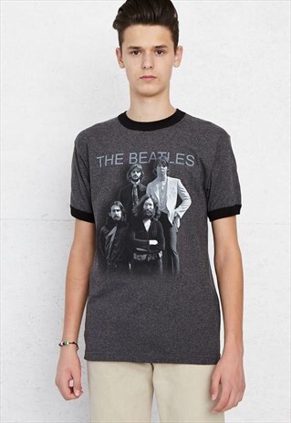 90S VINTAGE GREY THE BEATLES LOGO CREW NECK BAND T-SHIRT