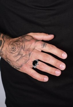 54 Floral Black Marble Circle Signet Band Ring - Silver 