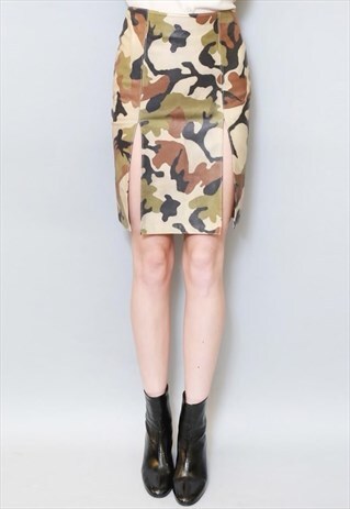 VINTAGE 1980'S GREEN CAMO LEATHER SPLIT MINI SKIRT