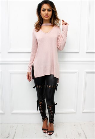 PINK CHOKER PLUNGE CUT OUT SWEATER BLOUSE JUMPER