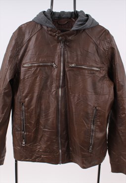 Vintage Men's Guess Leather Hooded Jacket