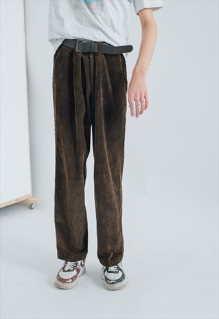 VINTAGE RELAXED FIT WIDE LEG CORDUROY TROUSERS IN MOSS BROWN
