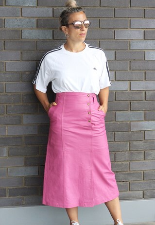 VINTAGE 1990S PINK HIGH WAISTED LEATHER MIDI SKIRT