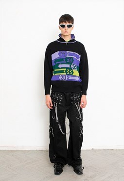 Vintage 90s Zip Neck Jumper Cartoon Printed Sweater