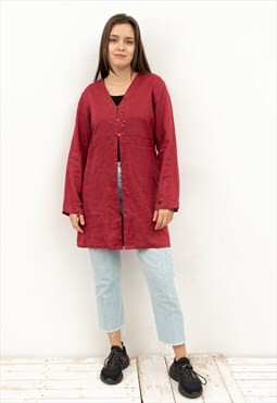 Traditional Linen Blouse Long Sleeve Over Shirt Burgundy Top