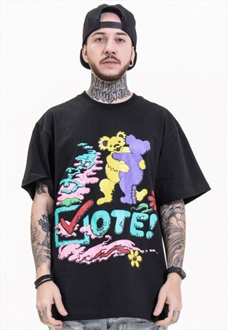 BEAR FUN GRAFFITI LOOSE ROUND NECK T-SHIRT
