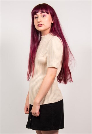 VINTAGE 70'S BEIGE KNIT RIBBED HIGH NECK TOP