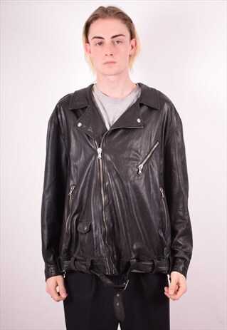MENS VINTAGE BIKER LEATHER JACKET XL BLACK 90S