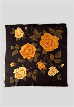Vintage 50's Brown Yellow Retro Floral Rose Ladies Scarf
