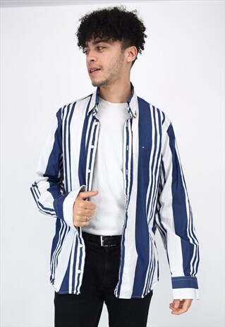VINTAGE 90'S TOMMY HILFIGER BLUE & WHITE STRIPED SHIRT
