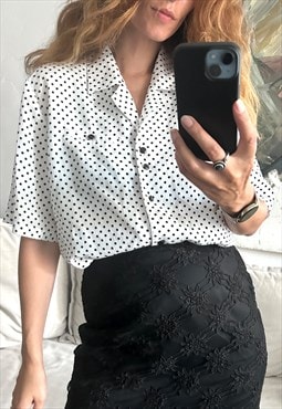 80s Polka Dot White Blouse - L - XL