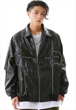 Faux leather aviator jacket edgy baseball bomber in black