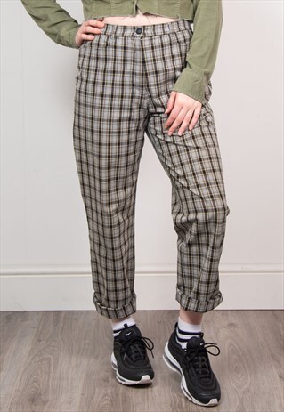 VINTAGE 90'S GREY CHECKED HIGH WAIST MOM STYLE TROUSERS