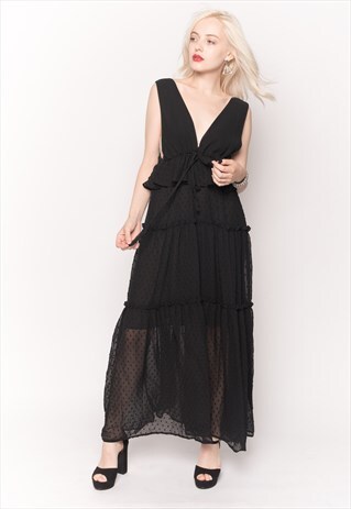 DEEP V NECK SLEEVELESS MAXI DRESS WITH RUFFLES IN BLACK SPOT