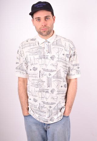 TOMMY HILFIGER MENS VINTAGE NAUTICAL PRINT POLO SHIRT LARGE