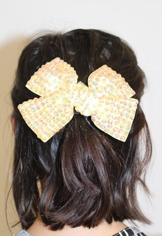 90S VINTAGE YELLOW SEQUIN BOW HAIR CLIP FESTIVAL IRREDESCANT