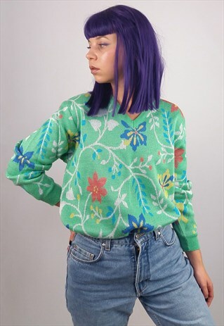 VINTAGE FLORAL PRINT V-NECK JUMPER / KNIT PULLOVER
