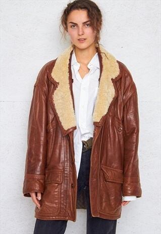 VINTAGE BROWN SHEARLING SHERPA LEATHER COAT