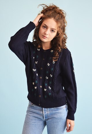 90'S RETRO FLORAL EMBROIDERY KNIT NAVY BLUE MOMS CARDIGAN