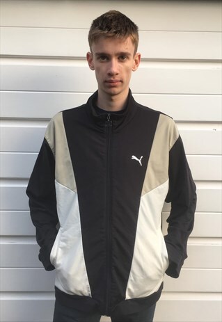 MENS VINTAGE 80S PUMA JACKET BLACK WHITE BEIGE SPORTS ZIPPER