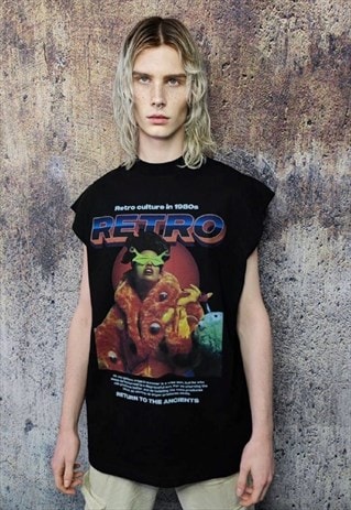 Y2K print sleeveless t-shirt cyber punk tank top surfer vest