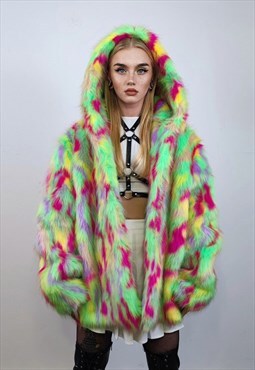 Hooded faux fur jacket psychedelic coat shaggy bomber green