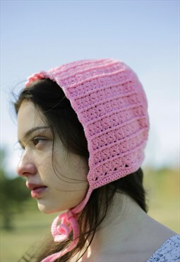 Crochet Bow Tie Bonnet hat in barbie pink