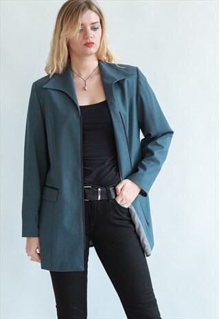 VINTAGE 80S MINIMAL ZIP UP BLAZER IN BLUE