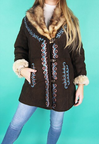 HAND PAINTED BROWN REAL SUEDE FAUX FUR COLLAR SHEARLING COAT